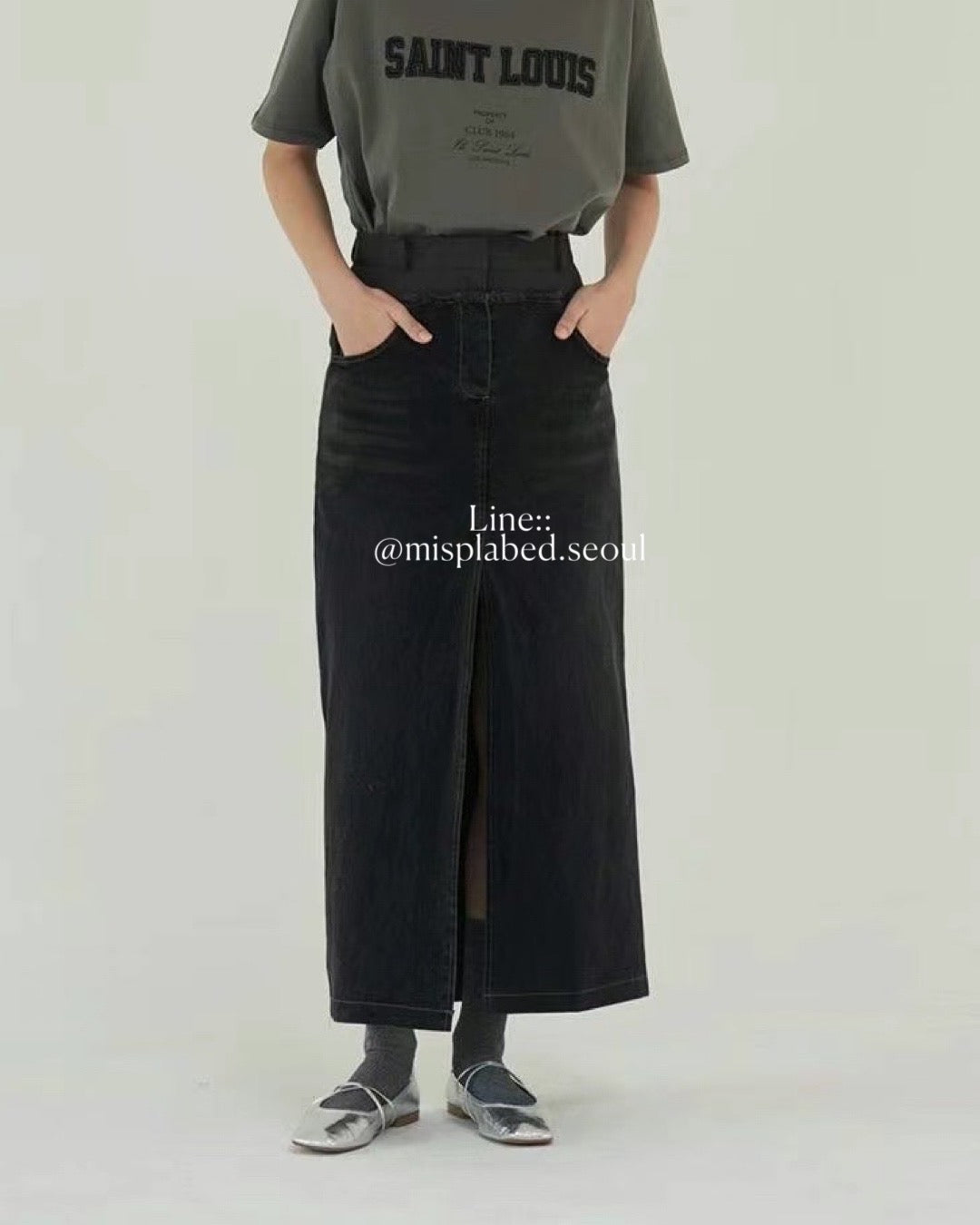 Denim patch-worked maxi skirt