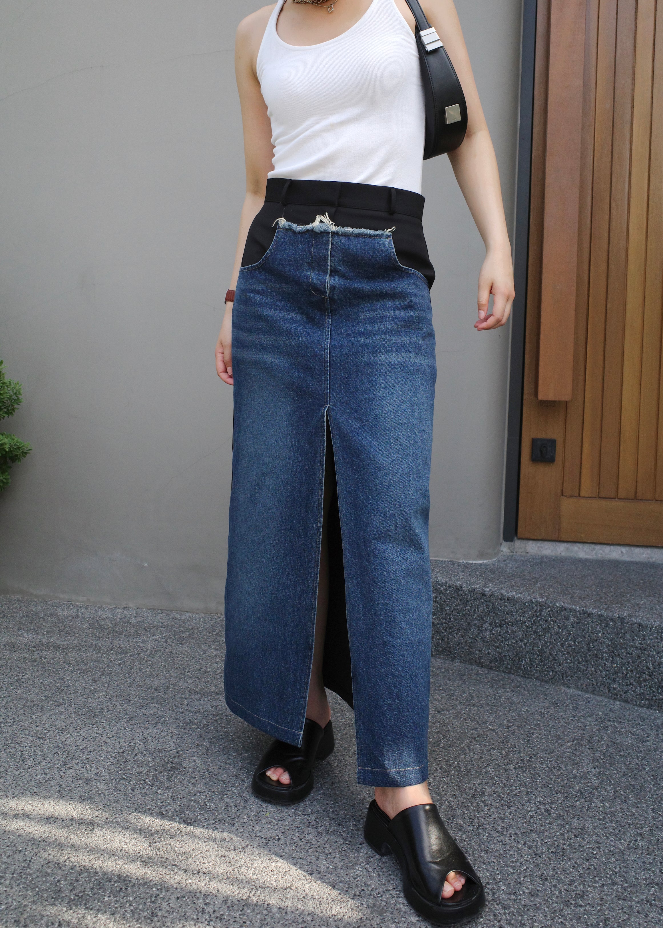 Denim patch-worked maxi skirt