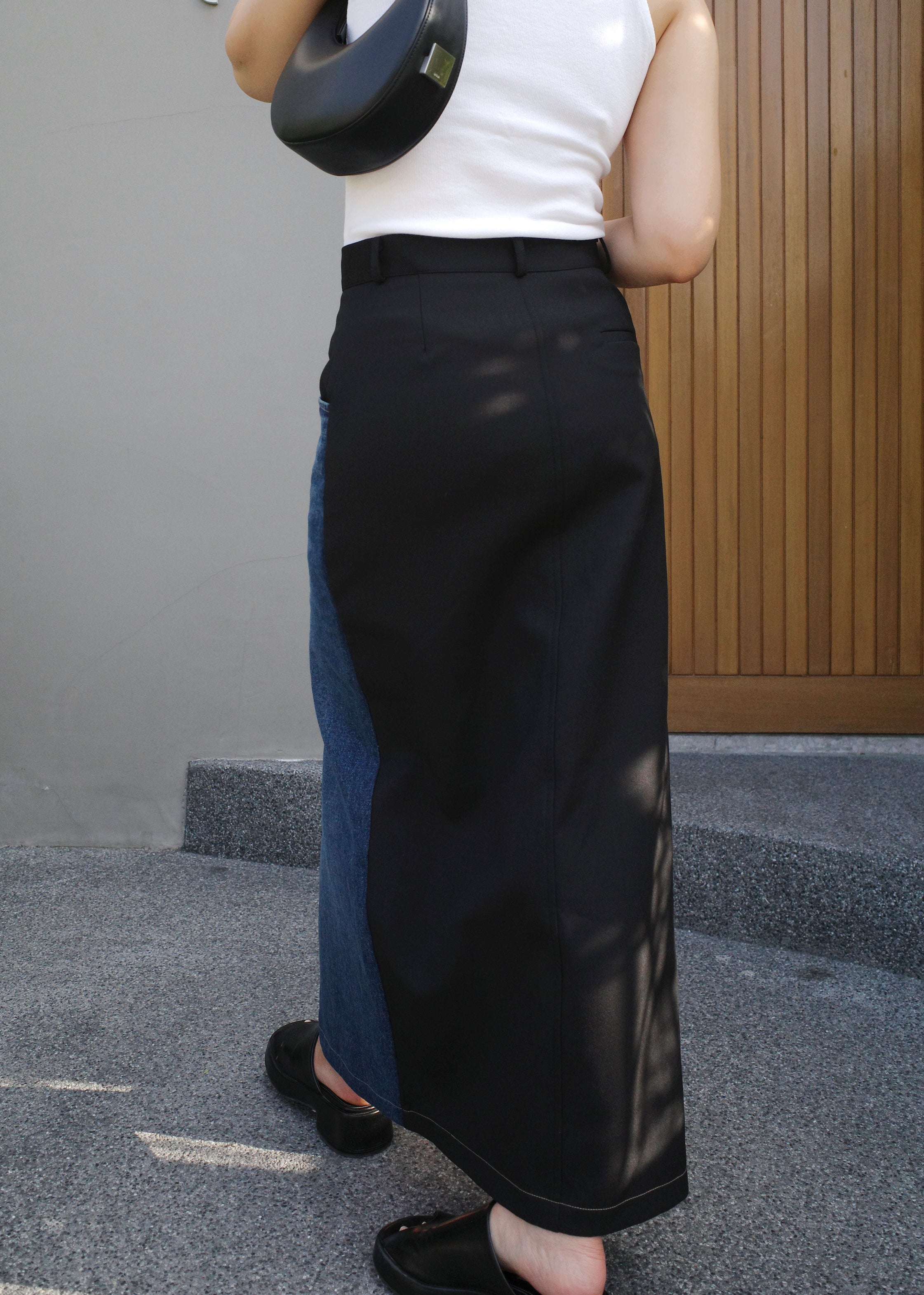 Denim patch-worked maxi skirt