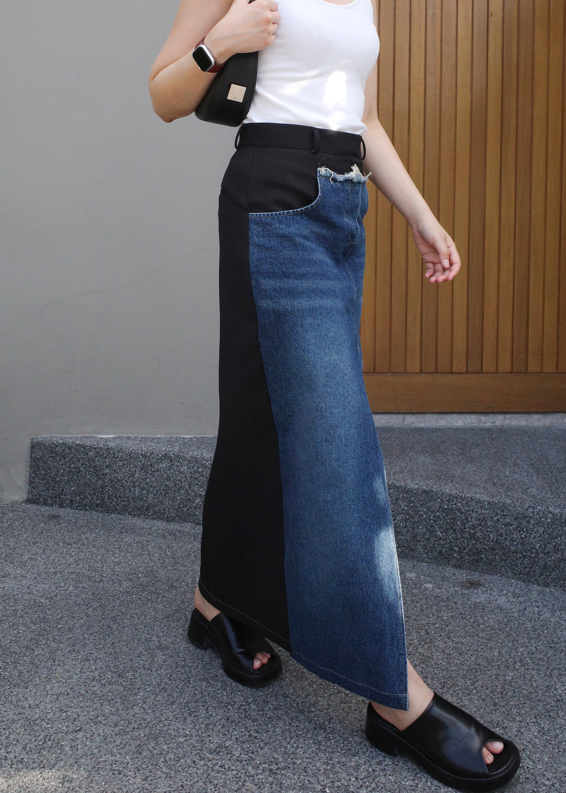 Denim patch-worked maxi skirt