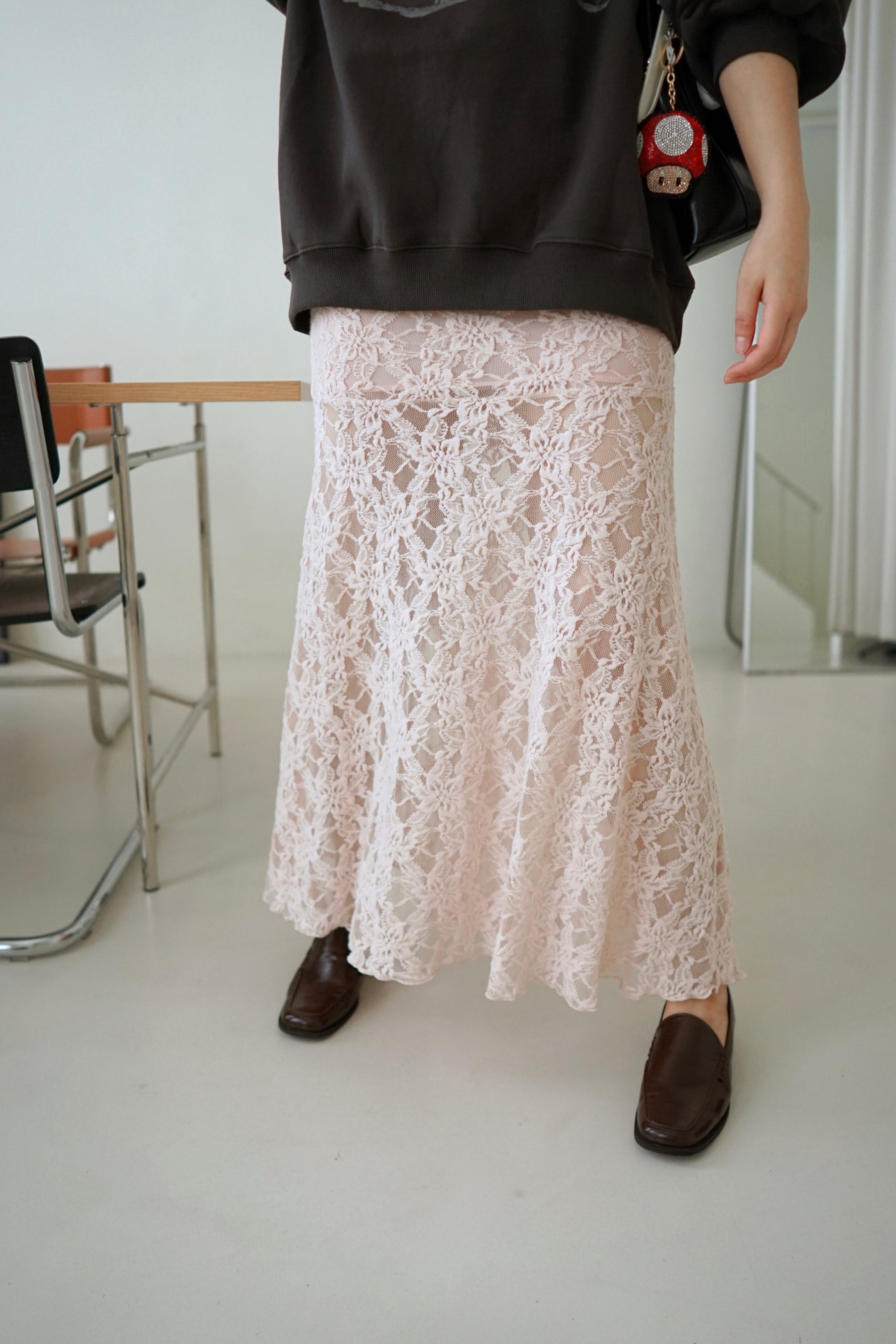 fluffy lace see thru long skirt