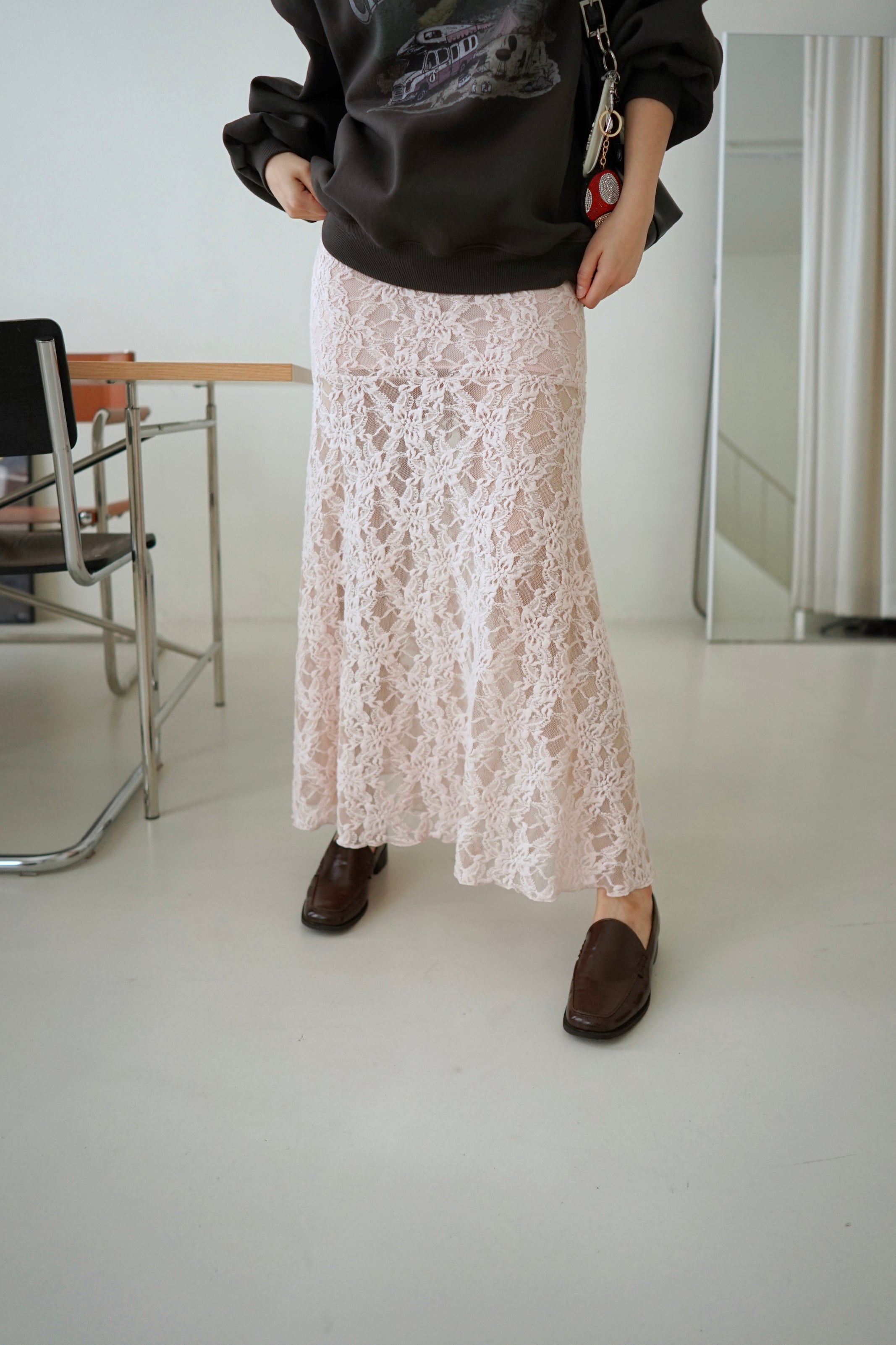 fluffy lace see thru long skirt