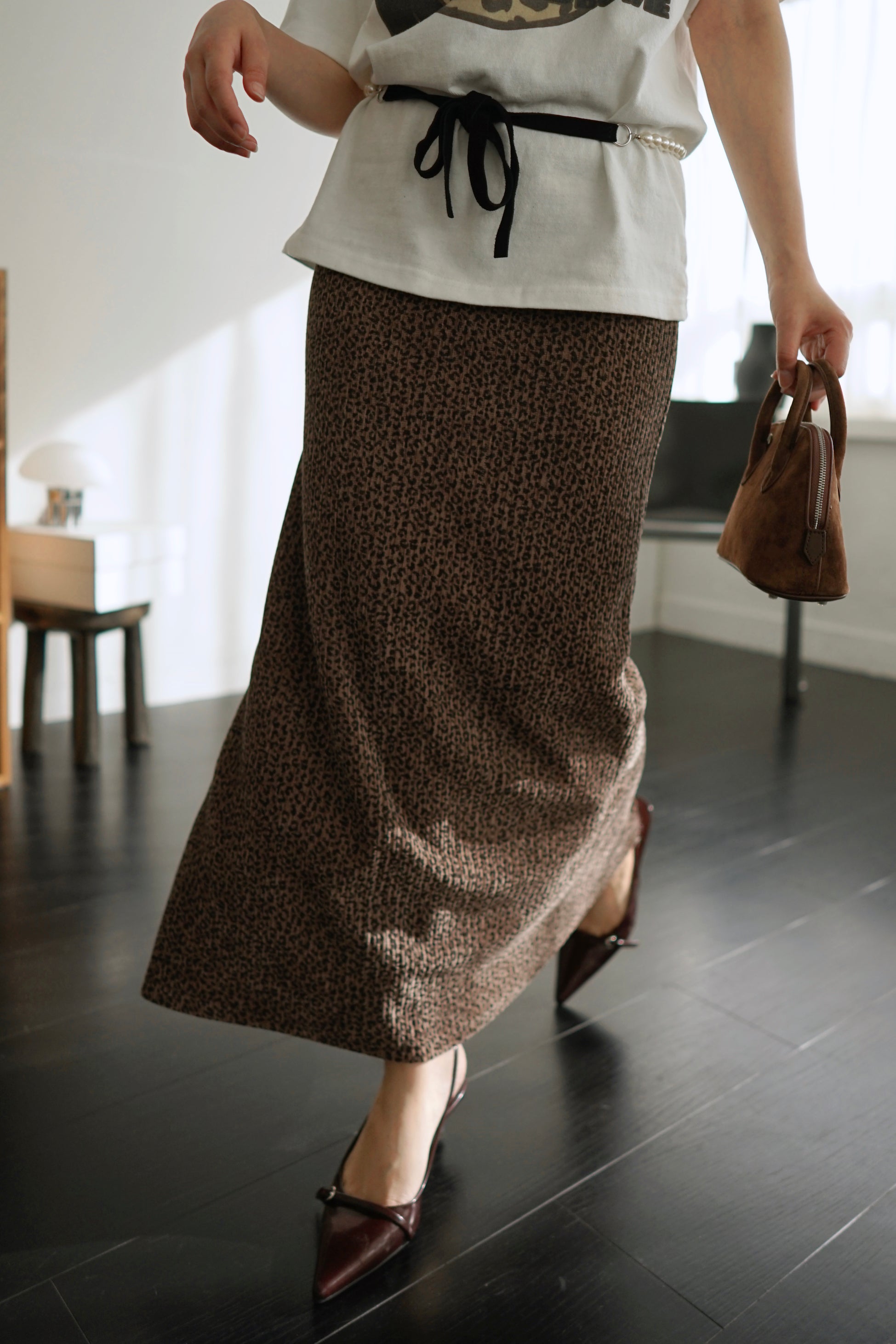 Leopard corduroy long skirt