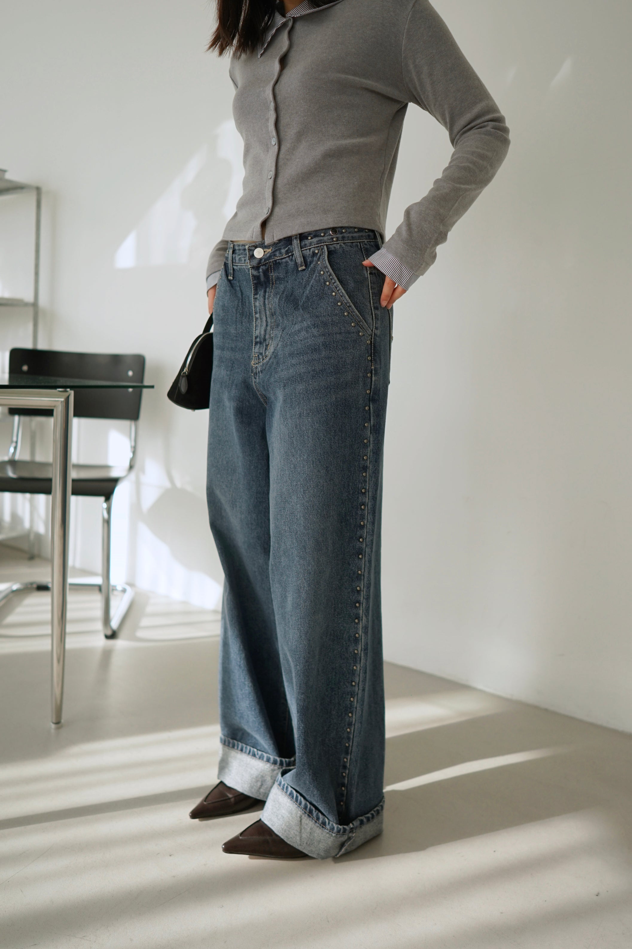 stud wide leg straight jeans