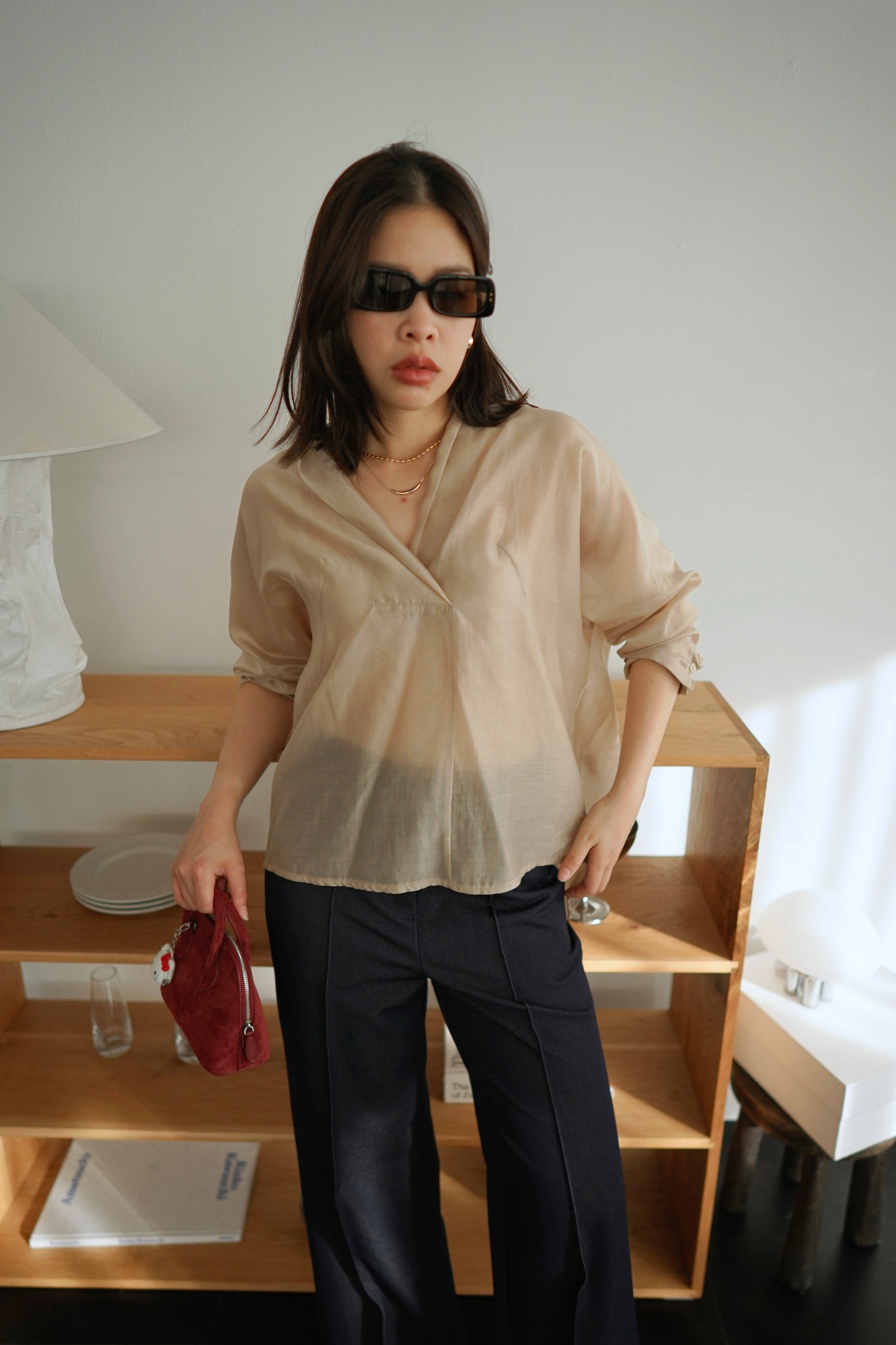 deep v neck sheer blouse