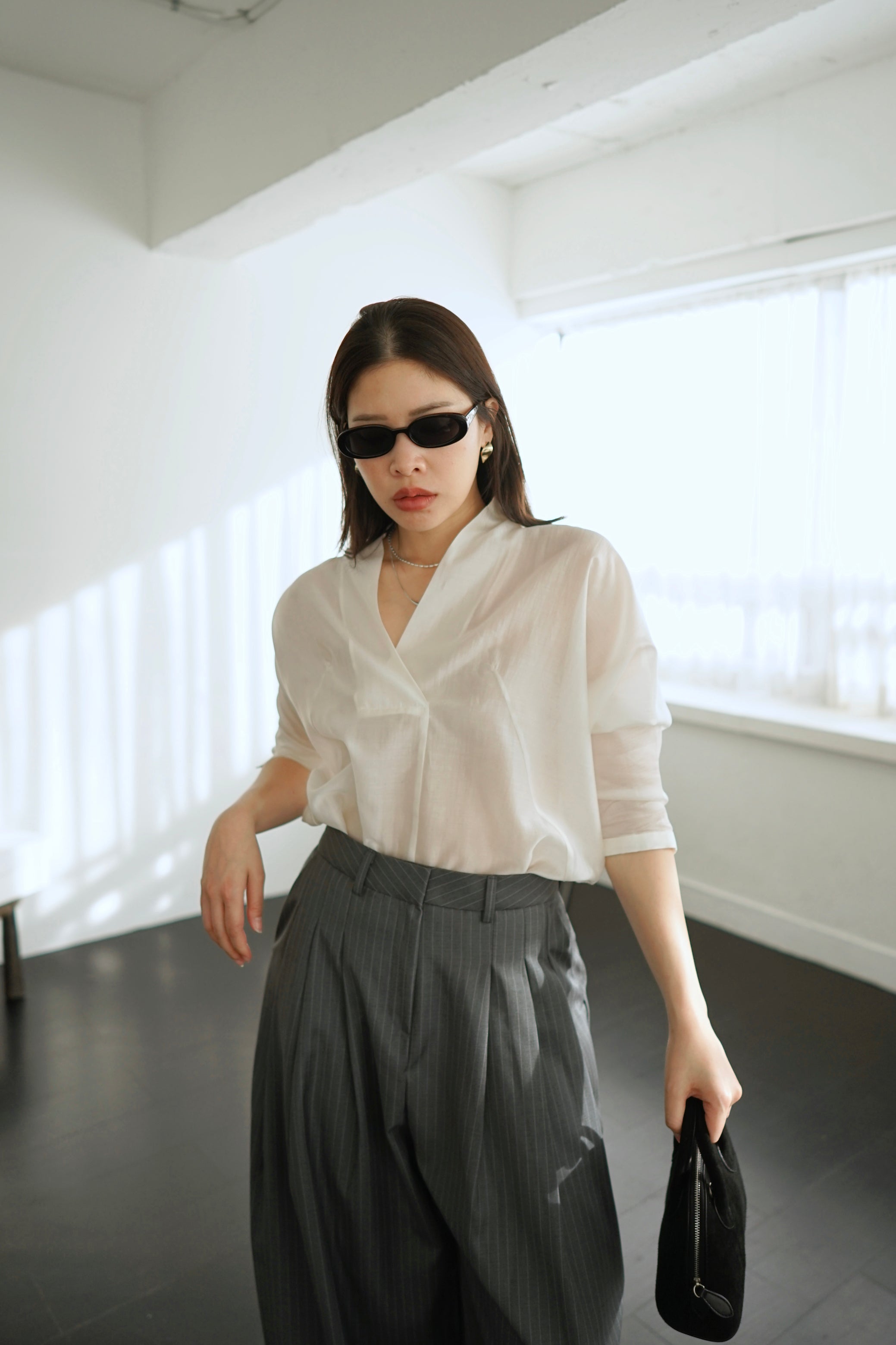 deep v neck sheer blouse