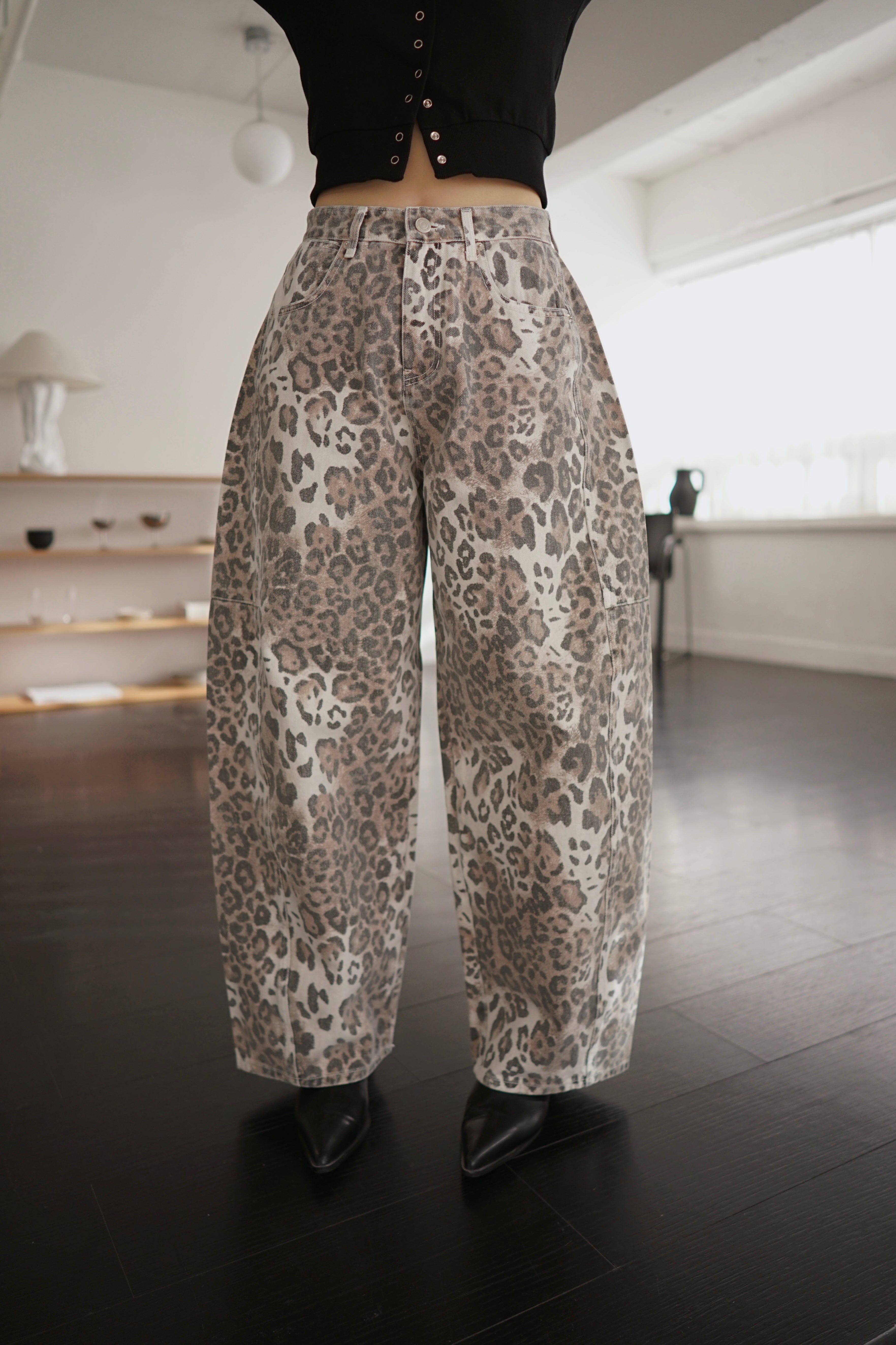 Snow leopard print high rise barrel jeans