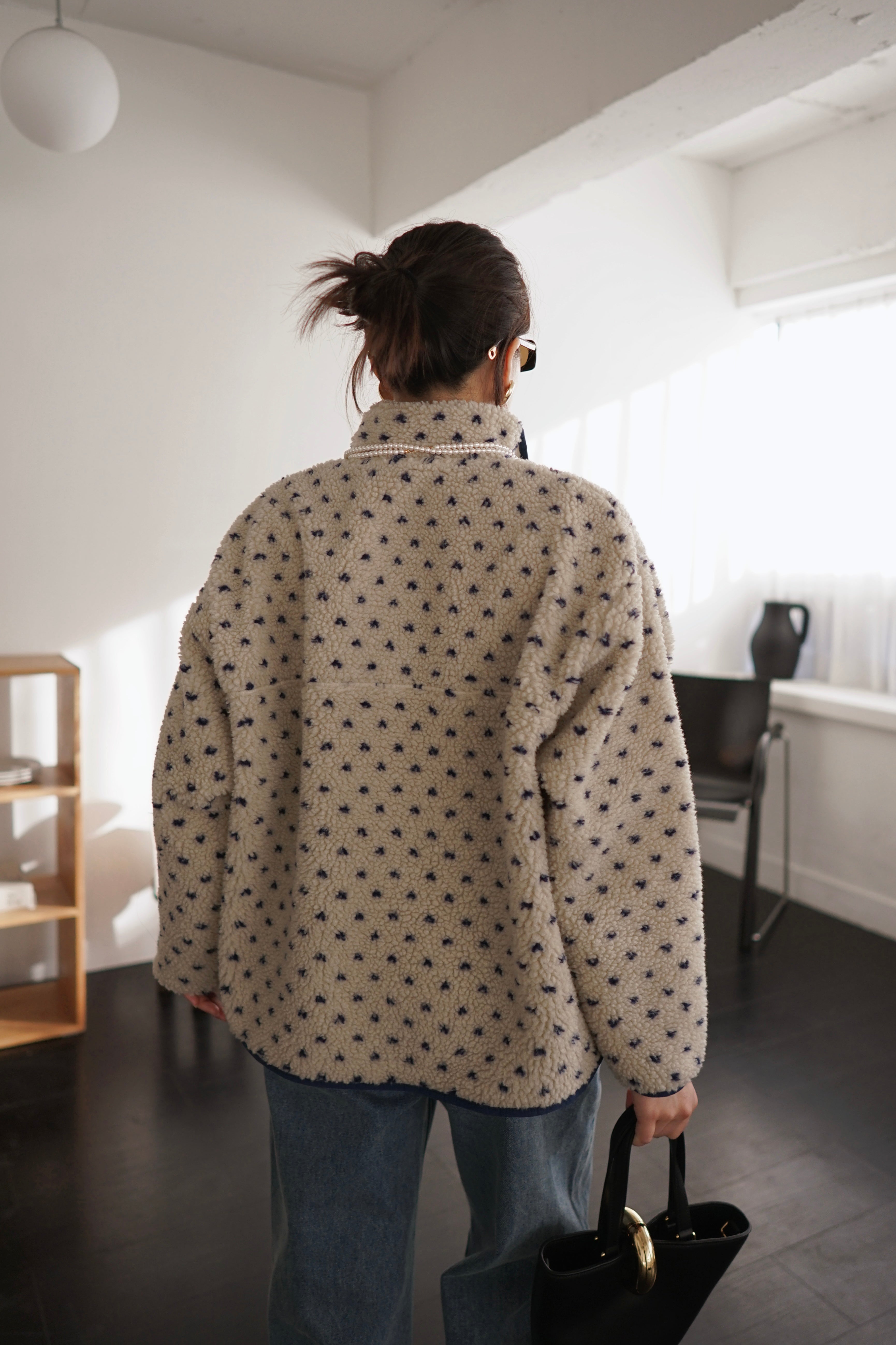 heart pattern half zip fleece sweater