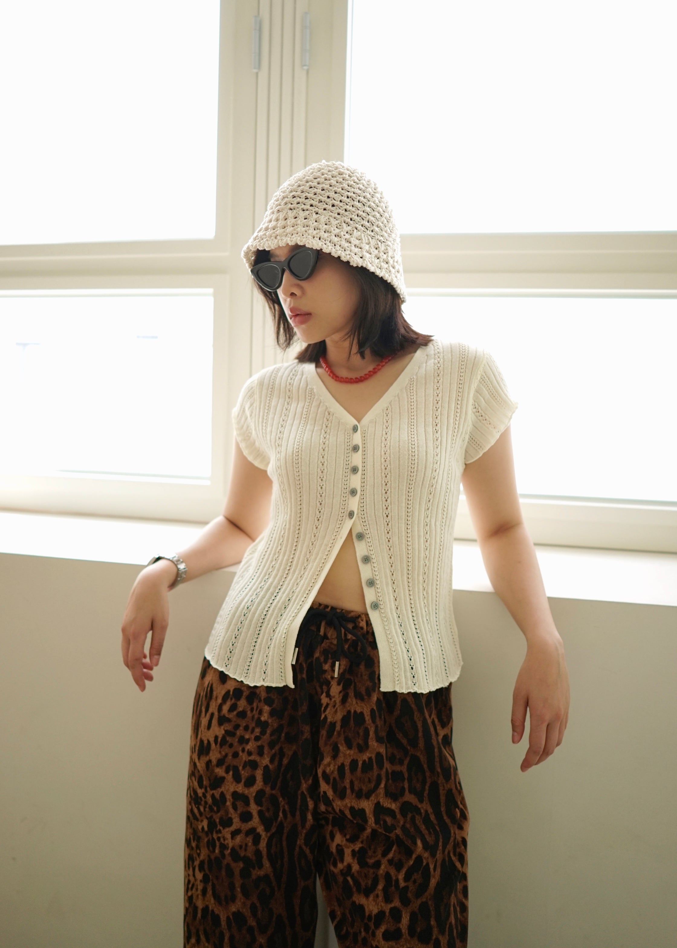lightweight stripe knit v neck blouse