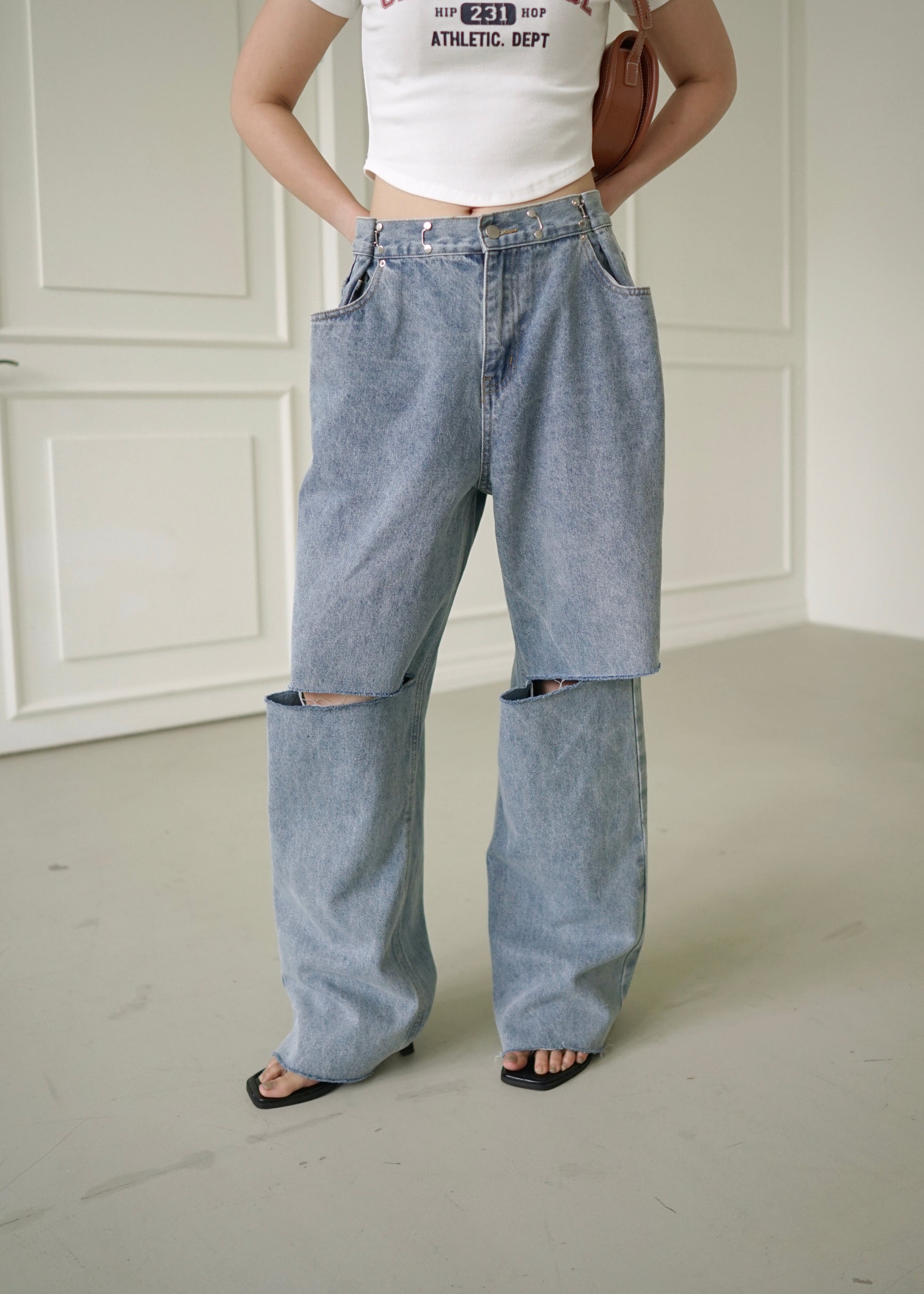 adjustable waist split jeans