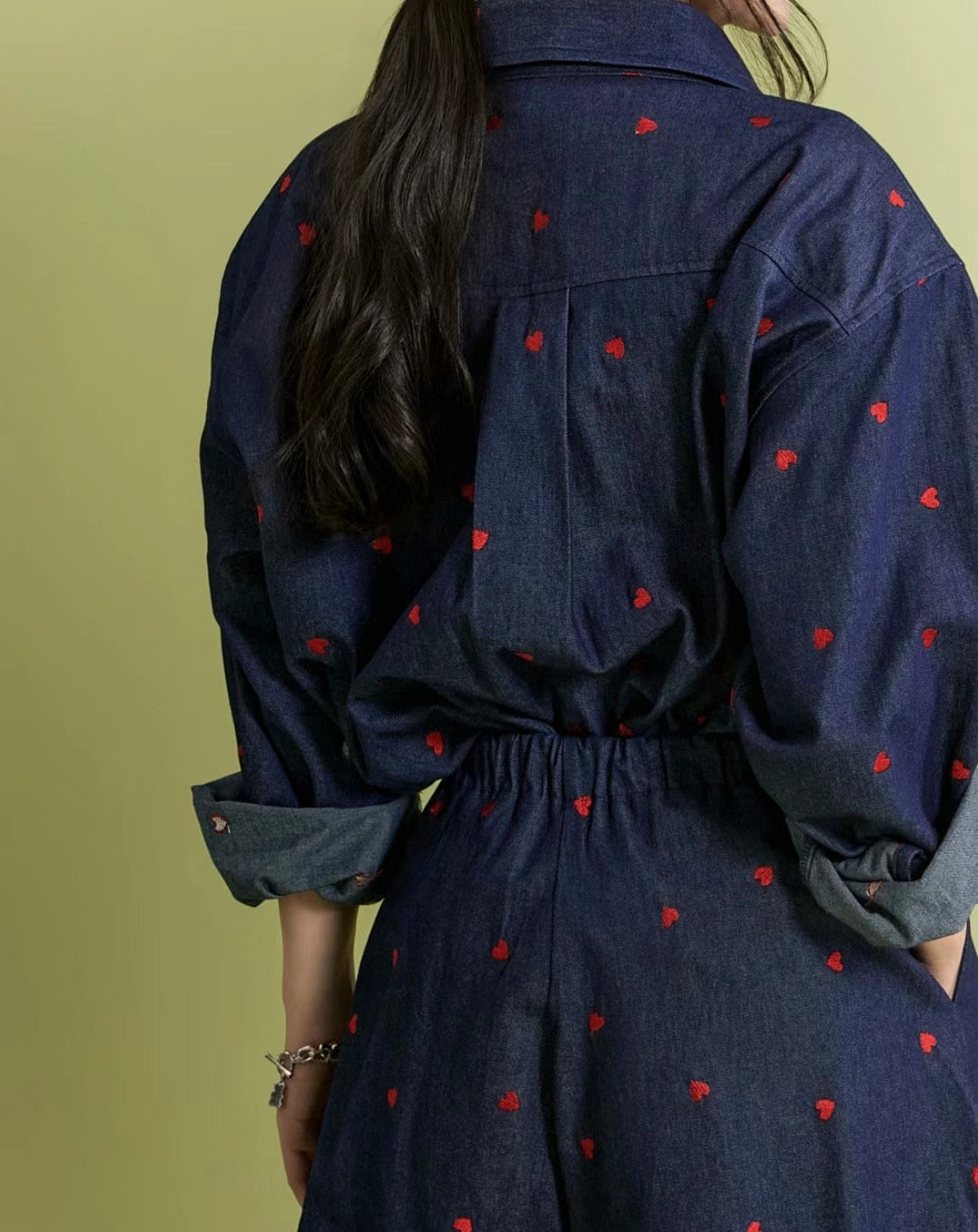 heart embroidered padded shoulder denim shirt