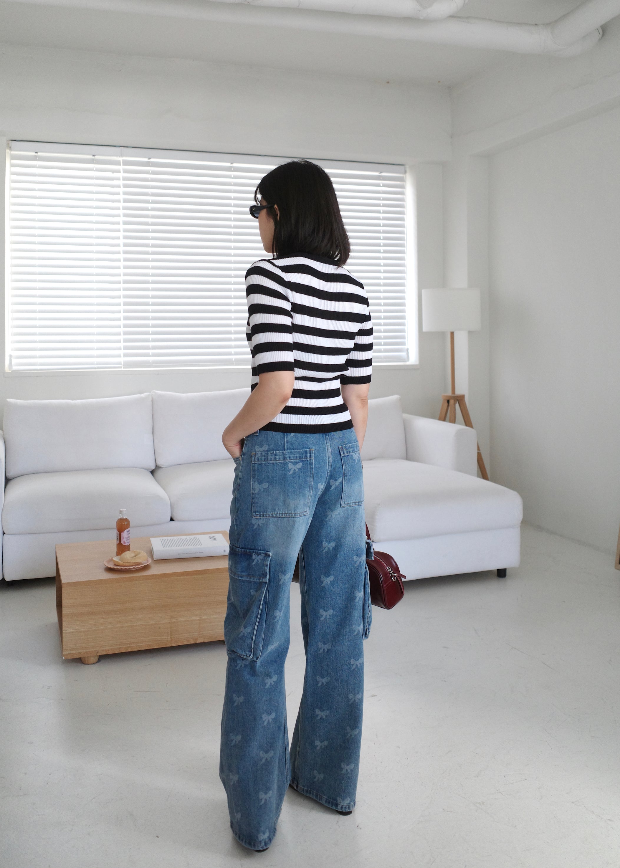 contrast stripe v neck slim blouse