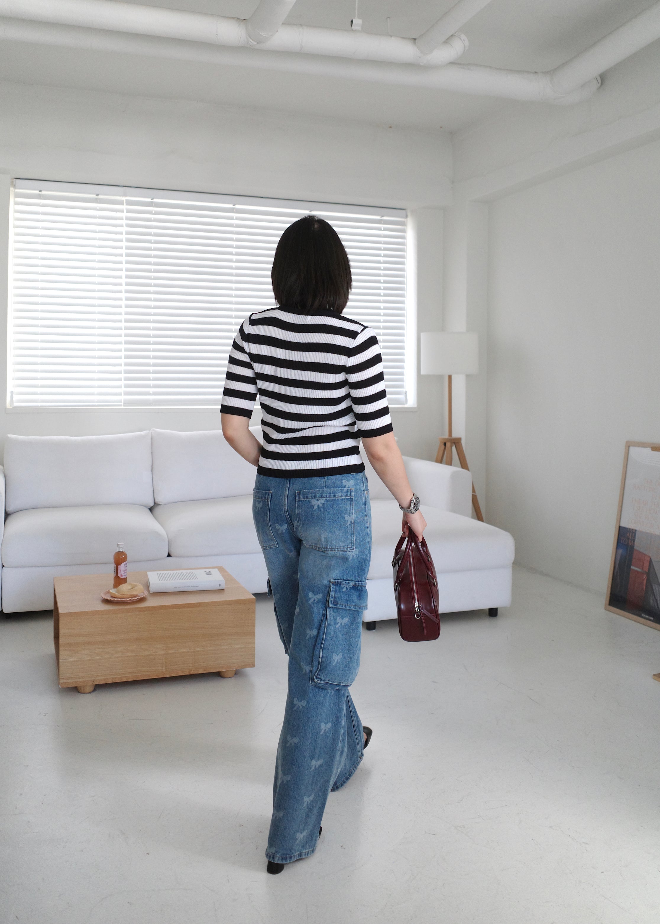 contrast stripe v neck slim blouse