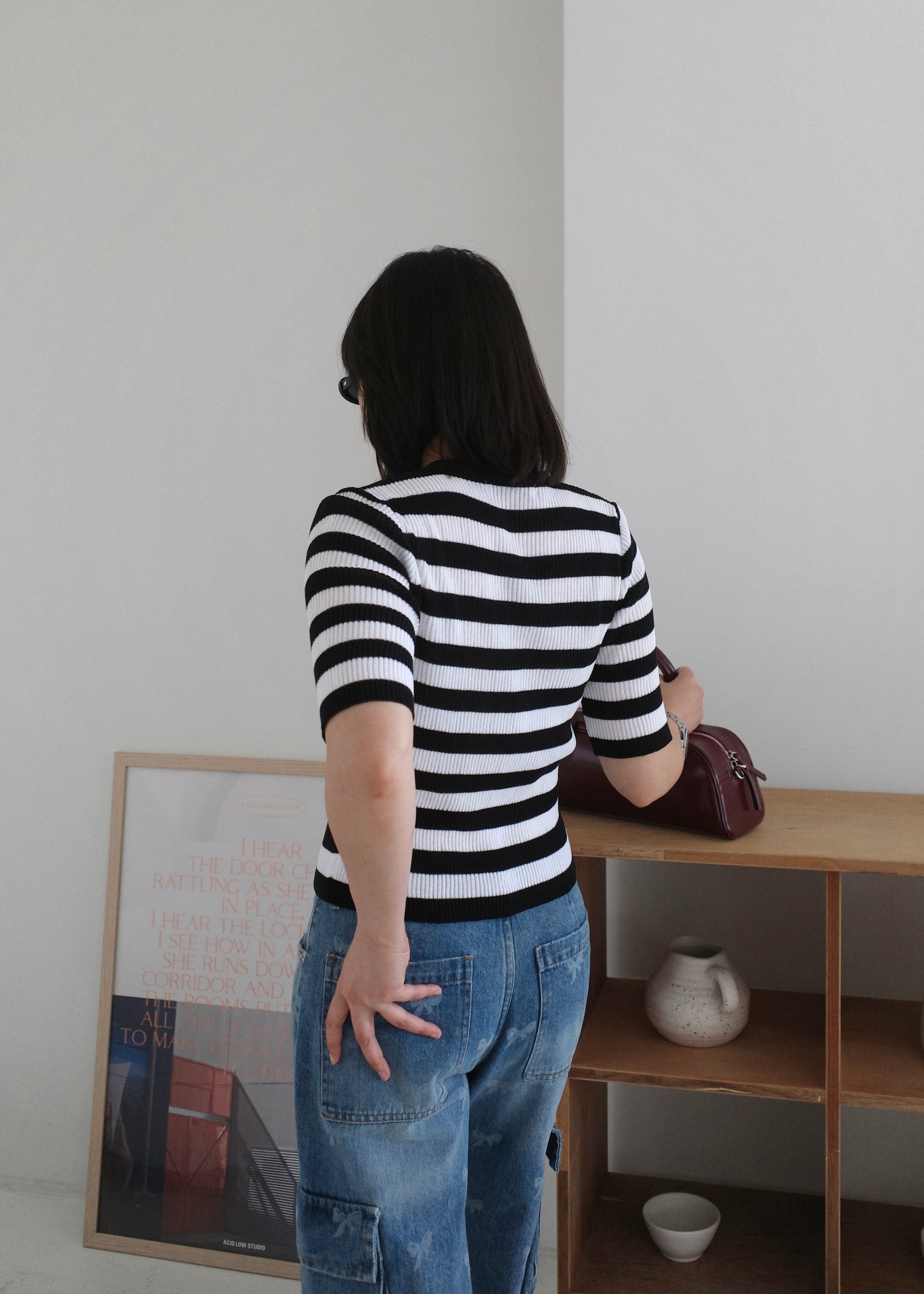 contrast stripe v neck slim blouse