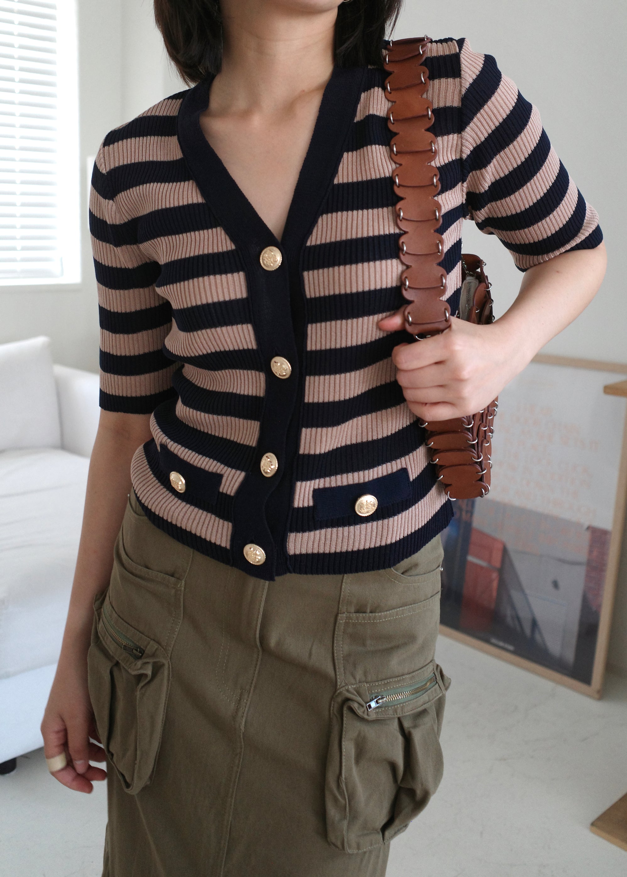 contrast stripe v neck slim blouse