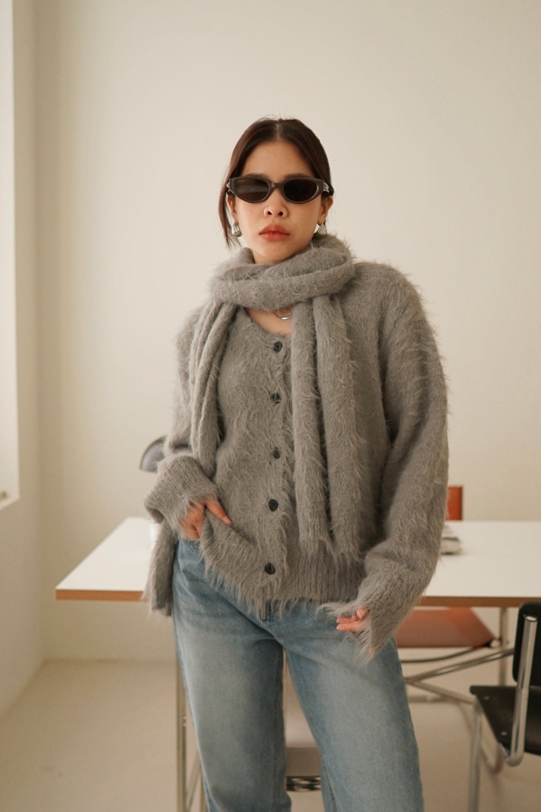 Fluffy knit cardigan with scarf