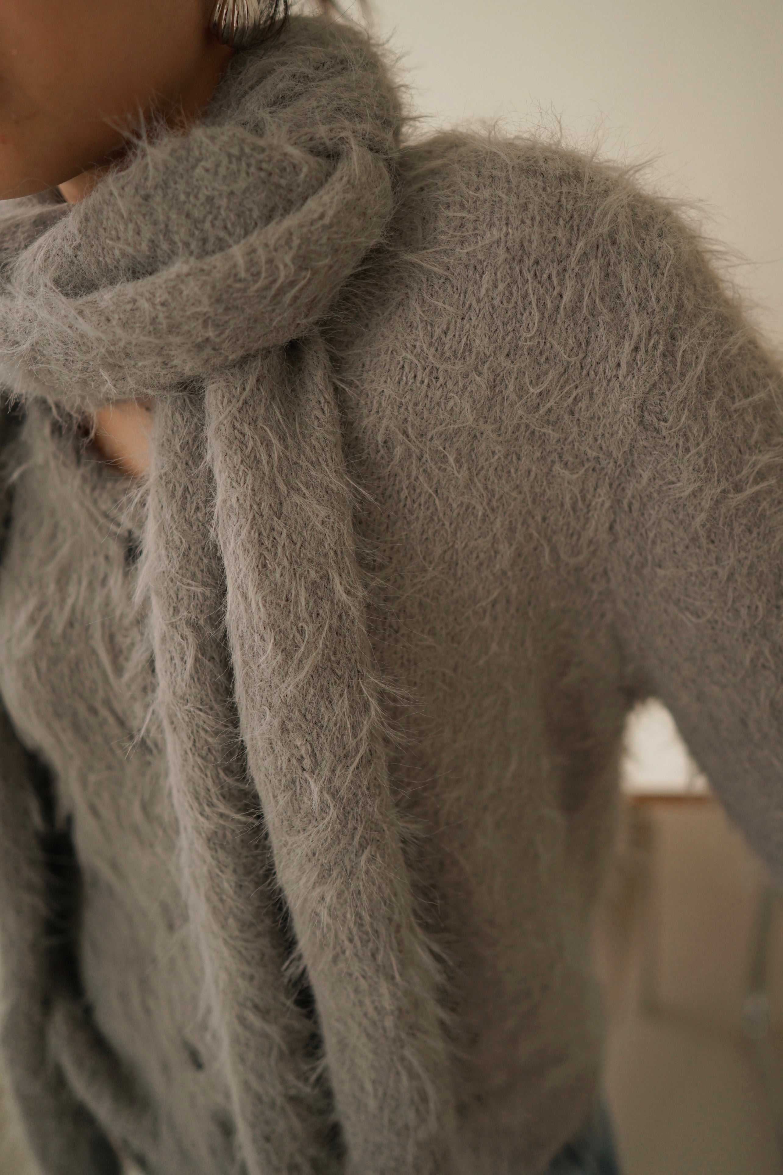 Fluffy knit cardigan with scarf