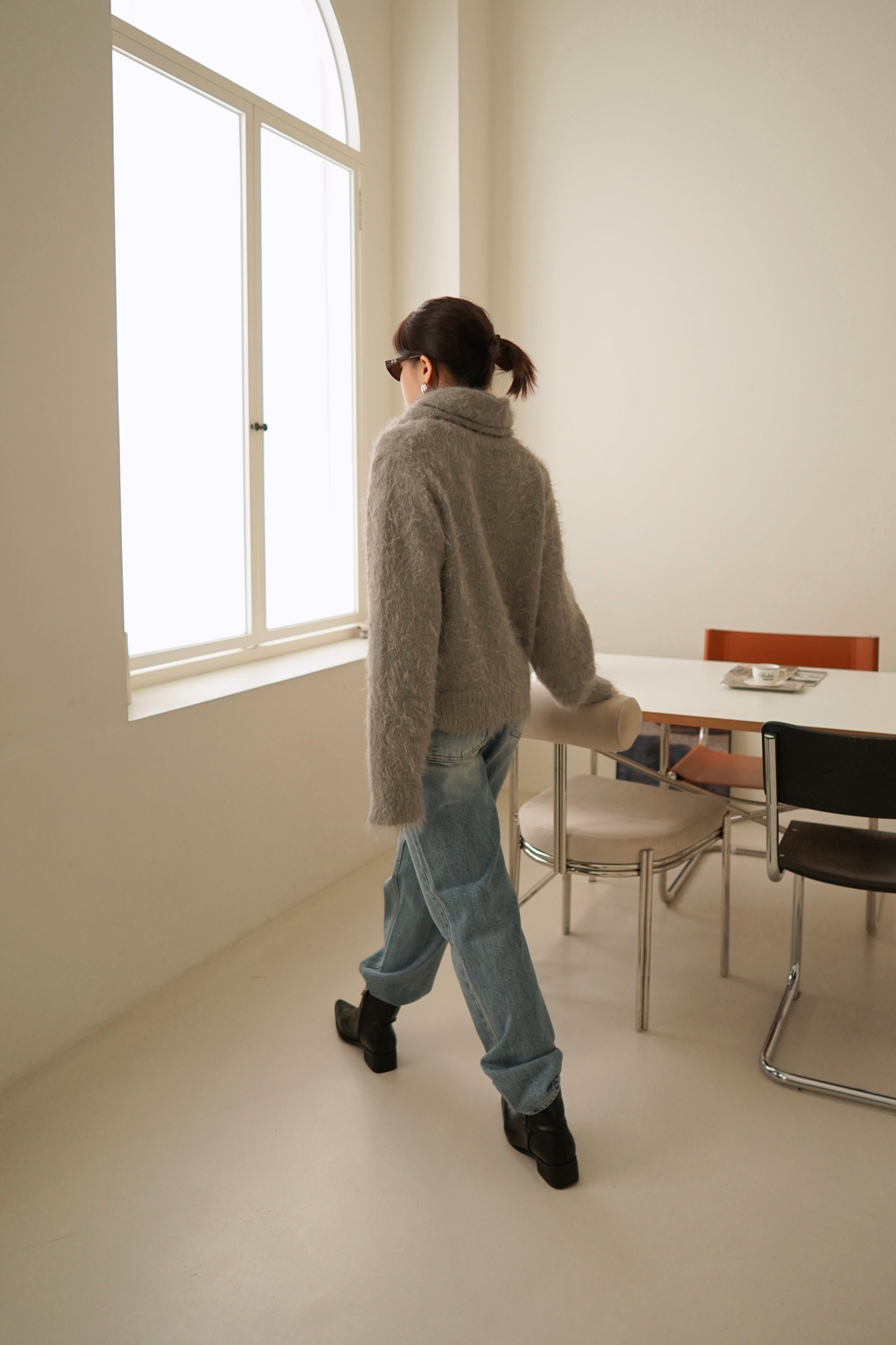 Fluffy knit cardigan with scarf